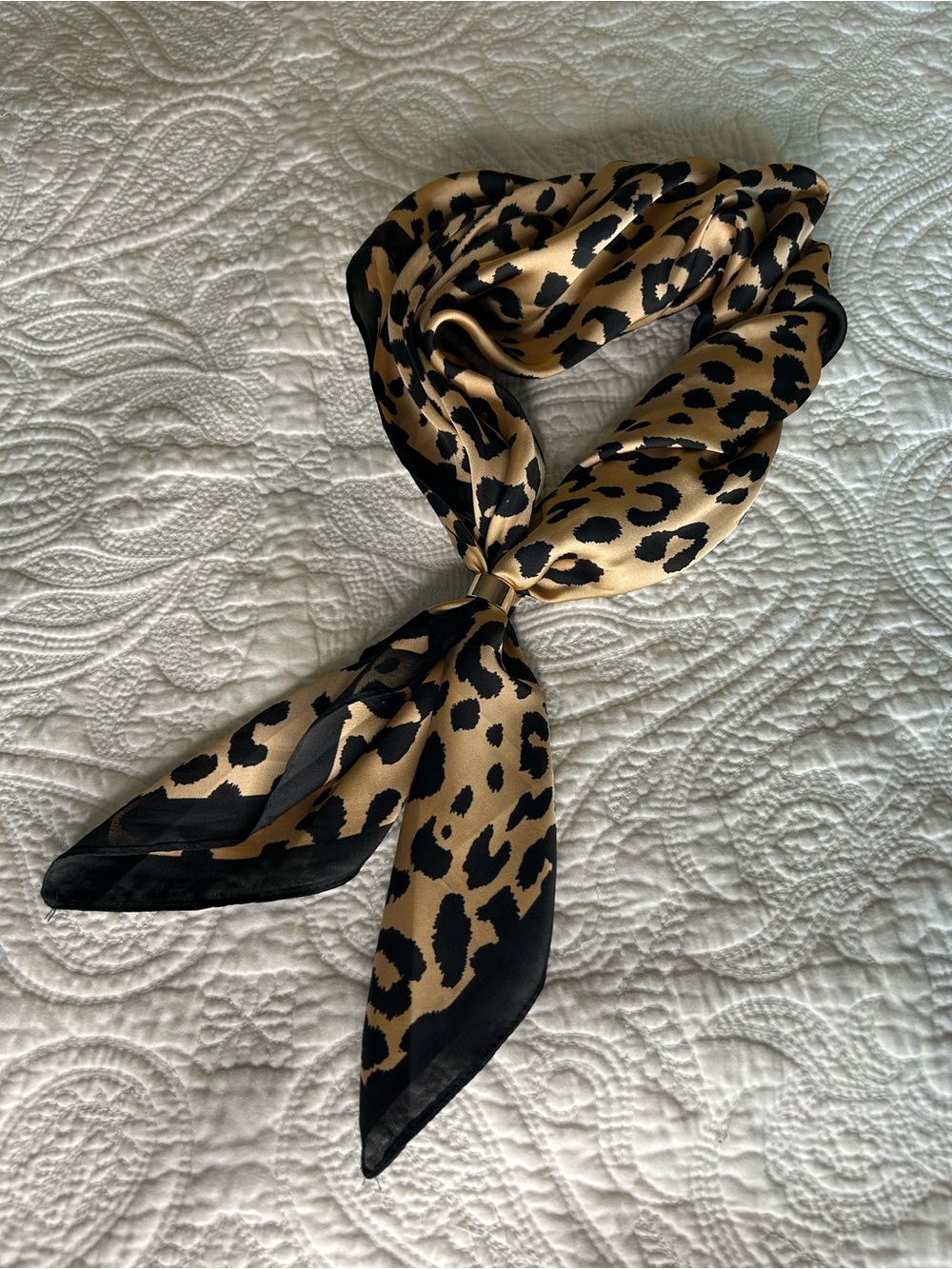 New Leopard Print Satin Neck Scarf - Black & Tan
